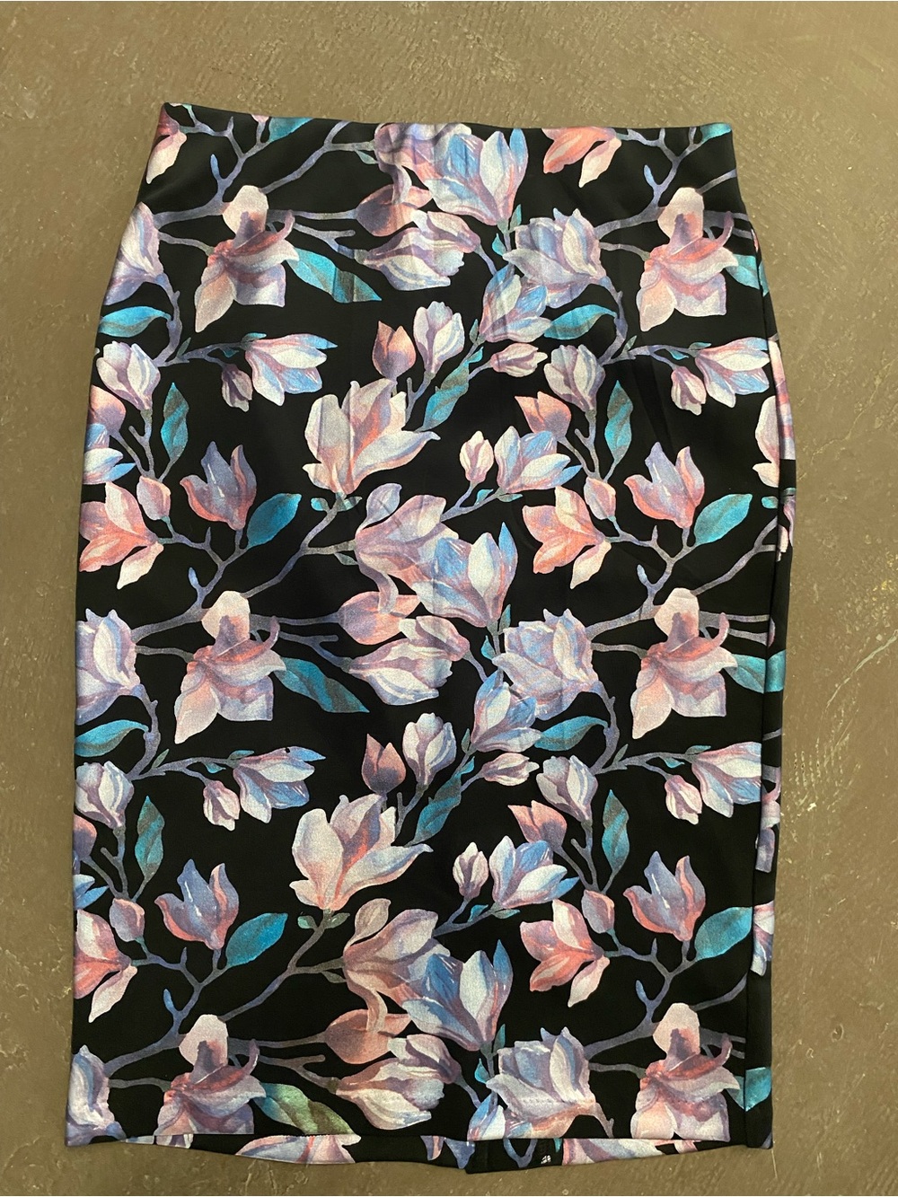 ECI Black Pencil Skirt with Pastel Floral Print